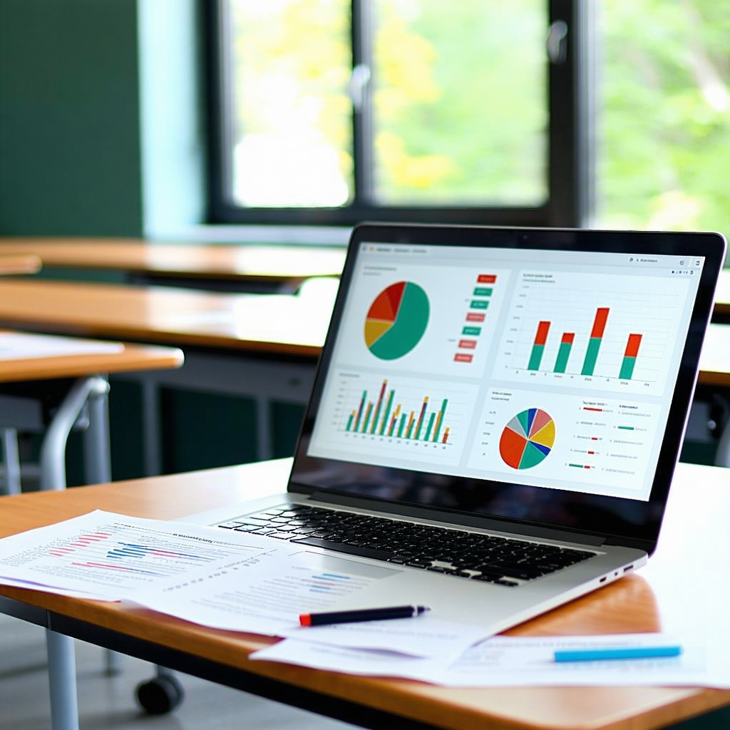 Photorealistic image of a modern classroom desk with a laptop displaying data analysis graphs and accuracy metrics, papers with highlighted text sections, red and green indicators, professional educational setting with soft natural lighting, shallow depth of field, clean composition, 4K quality