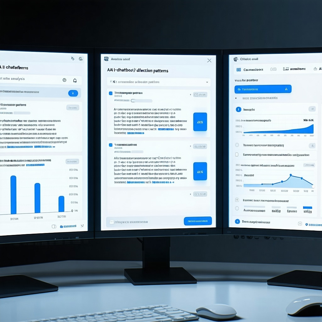 photorealistic image of a computer screen displaying three AI chatbot interfaces side by side with text analysis visualization overlays showing detection patterns, clean modern workspace with soft lighting, professional technology aesthetic, detailed text on screen readable, analytical dashboard elements, blue and white color scheme, high detail 8k resolution