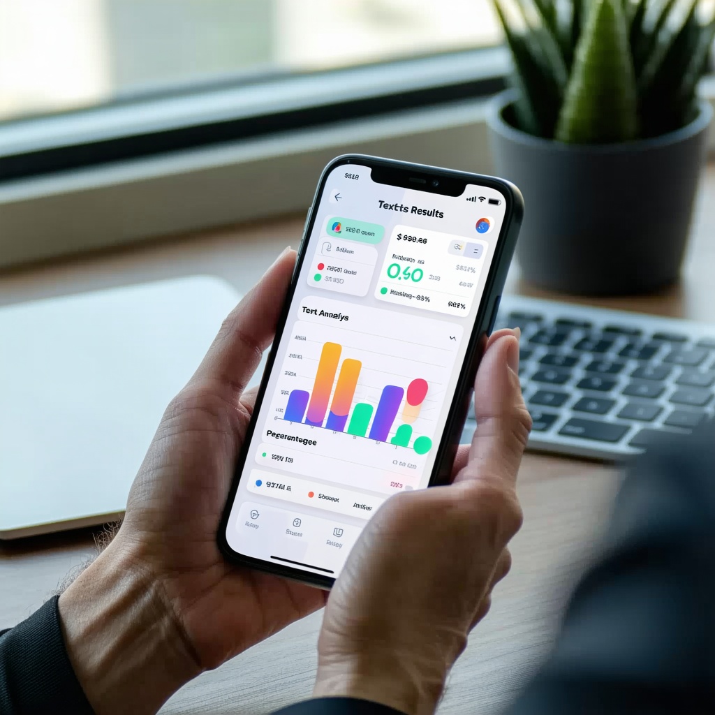 Photorealistic close-up of hands holding a modern smartphone displaying a clean interface with text analysis results, professional office environment softly blurred in background, natural lighting, high-quality 3D render, phone screen showing colorful data visualization and percentage scores, professional business setting, sharp focus on device, contemporary 2026 aesthetic