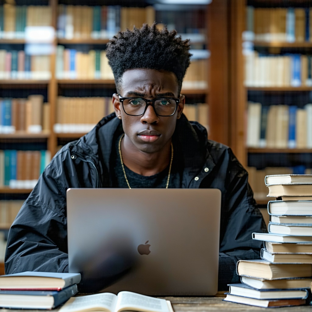 Photorealistic image of a diverse college student sitting at a laptop with a concerned expression, screen showing a document with red warning indicators, university library setting with books in soft focus background, natural lighting through large windows, 3D render quality, professional educational technology aesthetic, no text or logos visible
