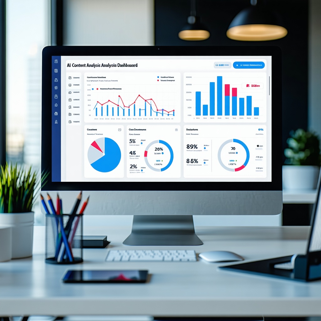 Professional photorealistic image of a modern computer screen displaying an AI content analysis dashboard with percentage scores and color-coded detection results, clean minimalist office environment with soft natural lighting, shallow depth of field focusing on the screen interface, high-quality 3D render, no text or logos visible